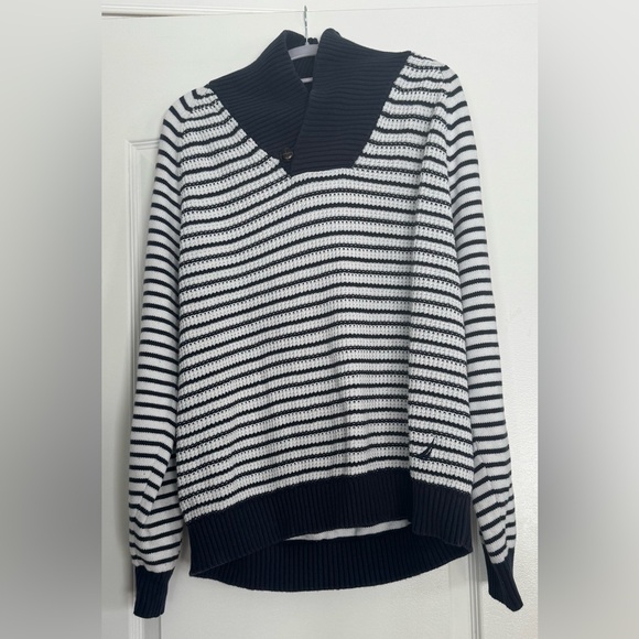 Nautica Other - Nautical Striped Shawl Collar Sweater L 100% Cotton Fisherman Pullover Knit
